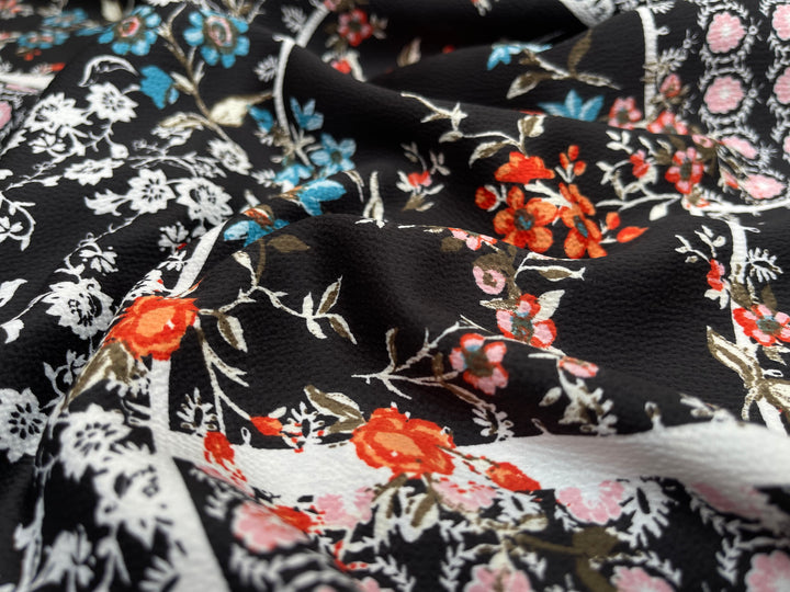 Lightweight  satin  dobby fabric by the yard - Black orange turquoise floral  pattern