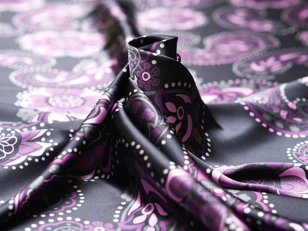 Charmeuse satin fabric by the yard -  Purple  Daisy paisley print