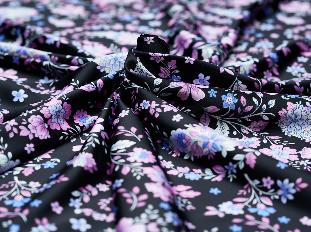 Faux silk charmeuse satin fabric by the yard - Black purple floral paisley print