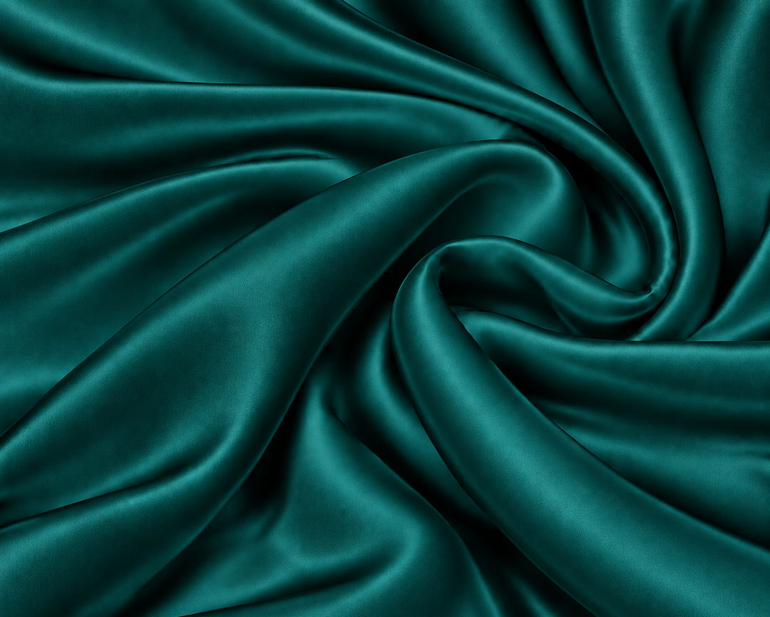 Deep emerald blue satin silk fabric swirl