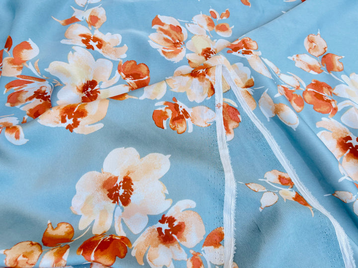 satin  dobby fabric by the yard - Dusty blue with rusty orange  floral  pattern