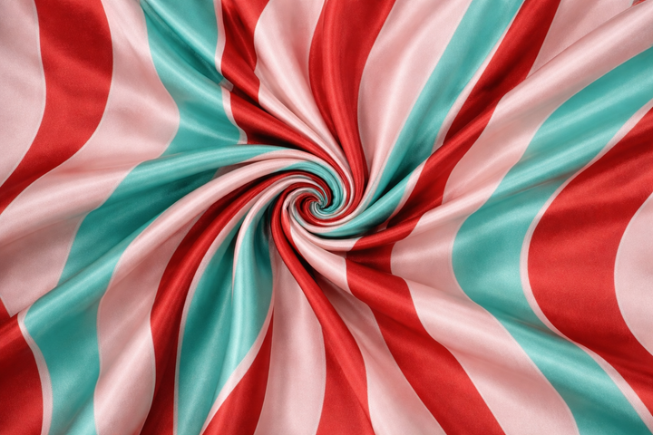 Aqua and Red  print Satin Fabric – Silky Charmeuse for High Fashion, Wild Rags, Curly hair care & Dresses (By the Yard)