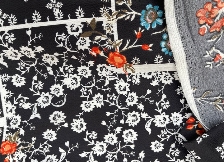 Lightweight  satin  dobby fabric by the yard - Black orange turquoise floral  pattern