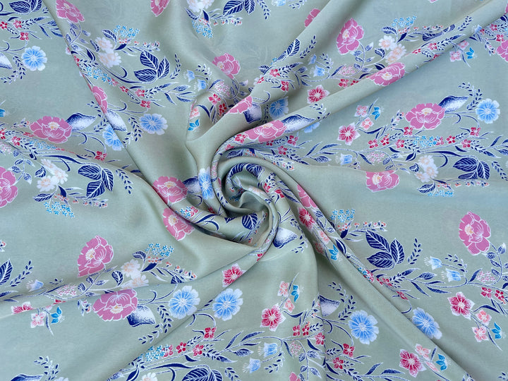 Lightweight  satin  fabric by the yard -  Sage blue and pink floral    print