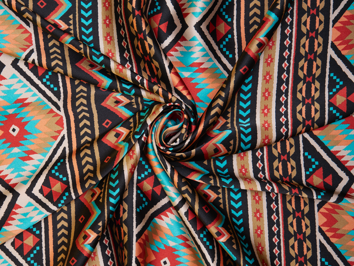 Charmeuse satin fabric by the yard - Black teal Tribal   print - USA made