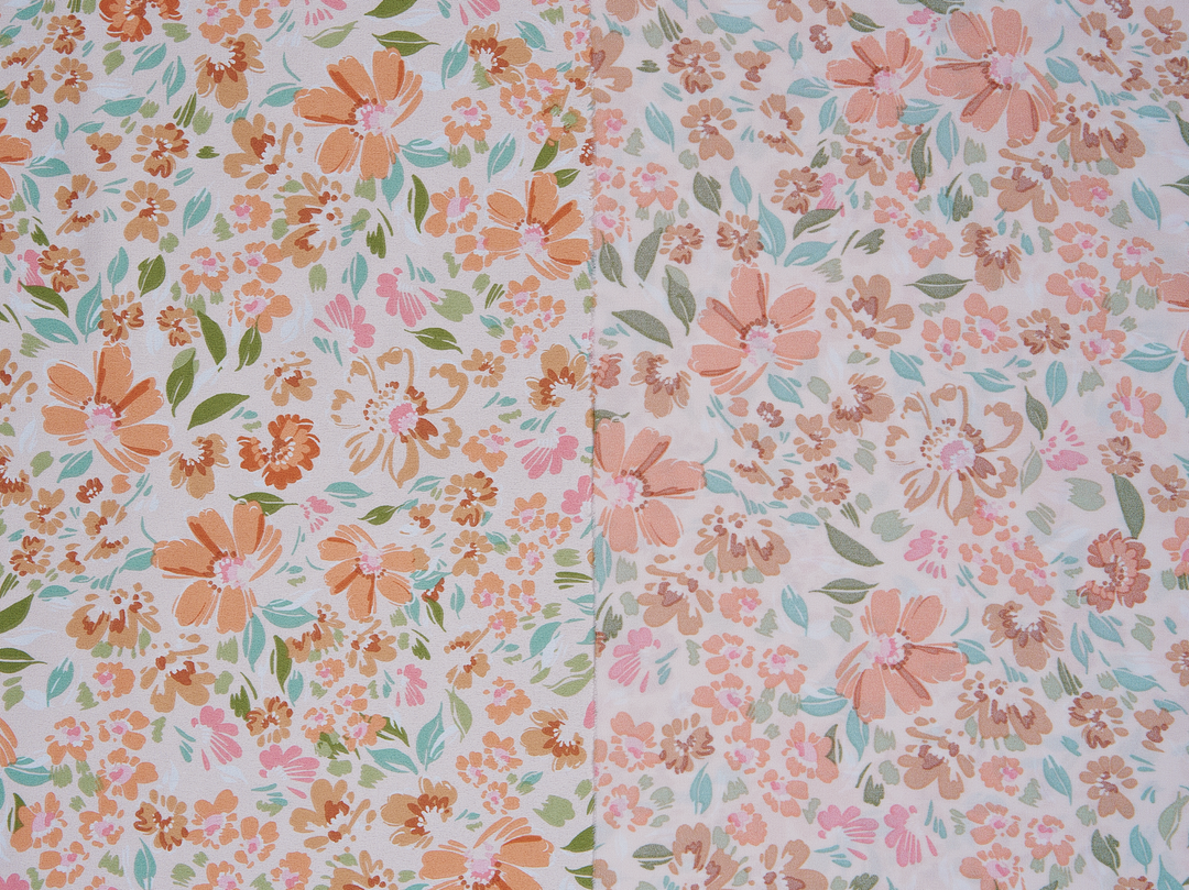 Faux silk charmeuse satin fabric by the yard - Off white  orange green    floral  print