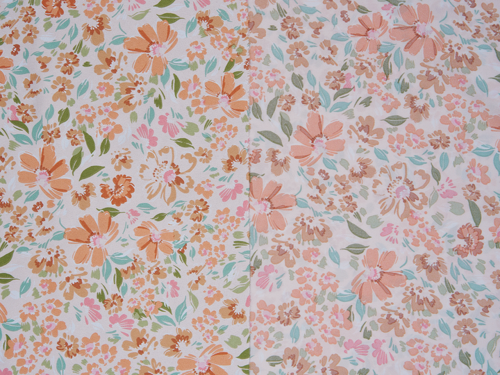 Faux silk charmeuse satin fabric by the yard - Off white  orange green    floral  print