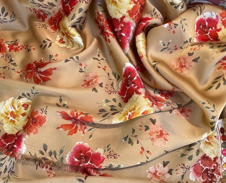 Lightweight  satin  fabric by the yard - Mocha with red and yellow  florals  pattern