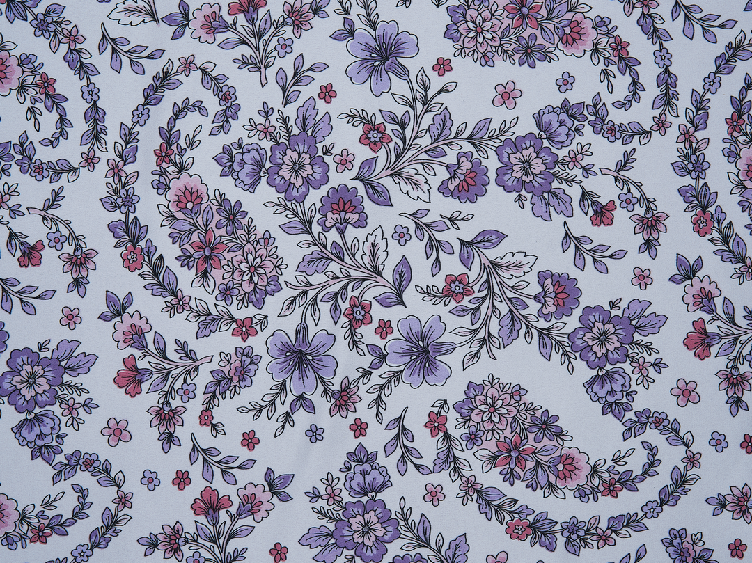 Faux silk charmeuse satin fabric by the yard - Black purple floral paisley print