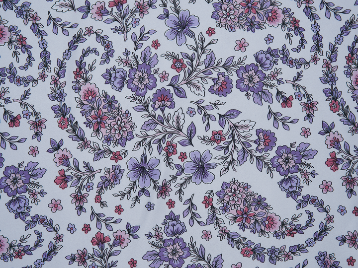 Faux silk charmeuse satin fabric by the yard - Off white  purple floral paisley print