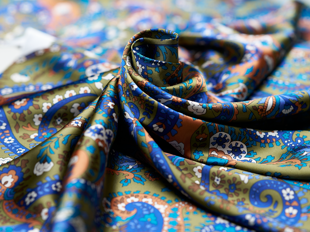 Paisley charmeuse satin fabric by the yard - Green, blue and brown tones