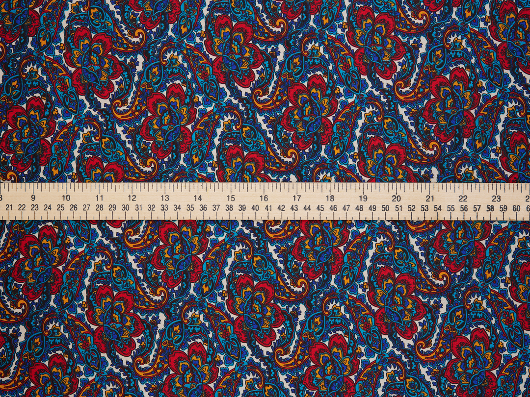 Charmeuse satin fabric by the yard - Red blue   paisley  print - USA made