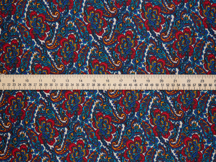 Charmeuse satin fabric by the yard - Red blue   paisley  print - USA made