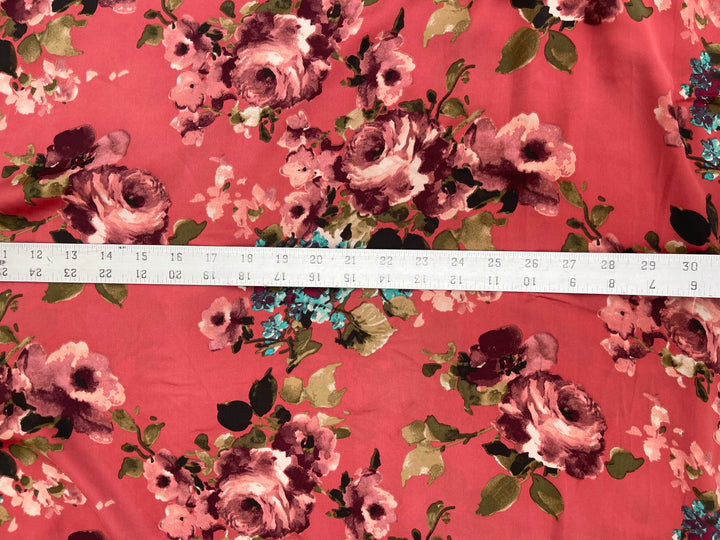 Lightweight  satin  fabric by the yard - Burnt coral  with teal burgundy   florals  print