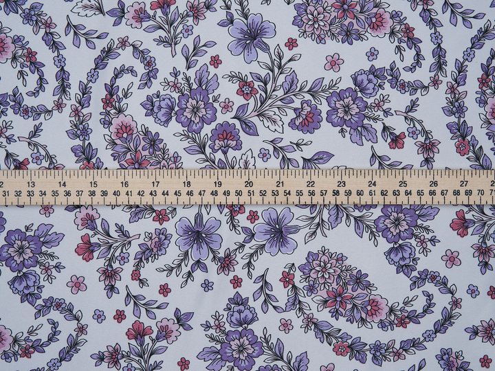 Faux silk charmeuse satin fabric by the yard - Off white  purple floral paisley print