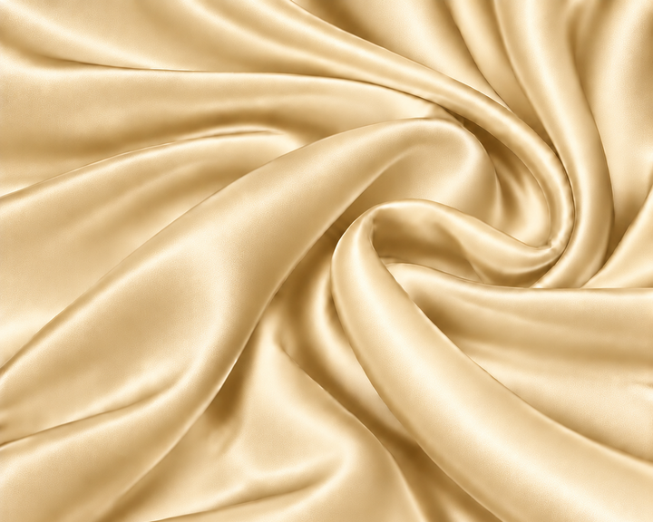 A close-up of draped satin fabric in a warm champagne beige color, arranged in elegant swirls showing its smooth texture and sheen.