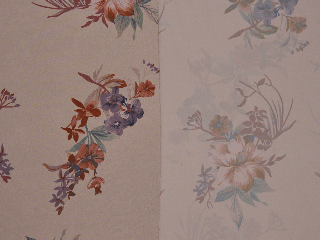 Lightweight  satin fabric by the yard - Rusty lavender flowers  with brown tones on a Peachy background - floral pattern