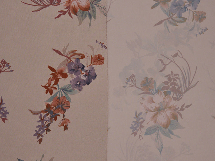 Lightweight  satin fabric by the yard - Rusty lavender flowers  with brown tones on a Peachy background - floral pattern