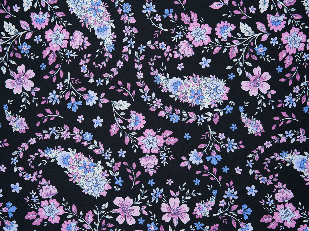 Faux silk charmeuse satin fabric by the yard - Black purple floral paisley print