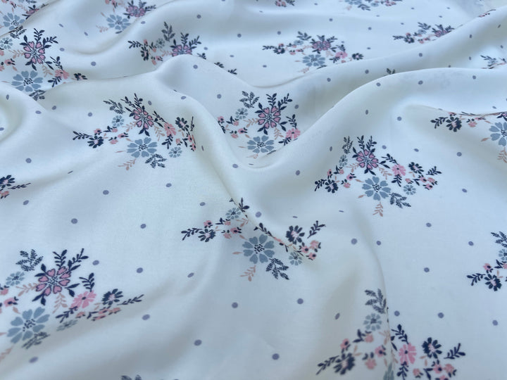 Lightweight  satin  fabric by the yard - Off white rusty orange    floral  and dots  print