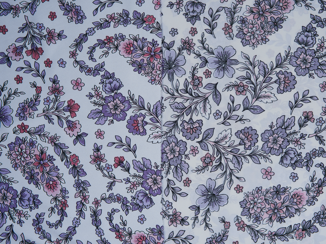 Faux silk charmeuse satin fabric by the yard - Off white  purple floral paisley print