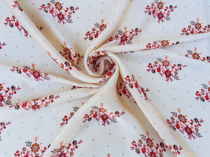 Lightweight  satin  fabric by the yard - Off white rusty orange    floral  and dots  print