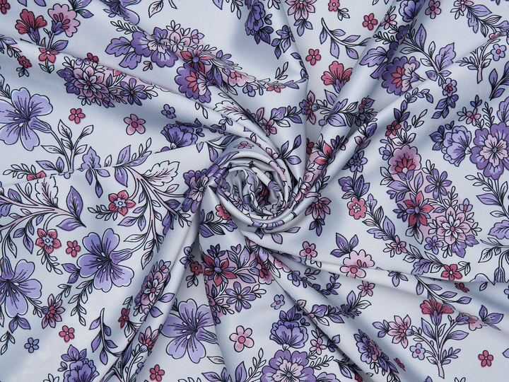 Faux silk charmeuse satin fabric by the yard - Off white  purple floral paisley print