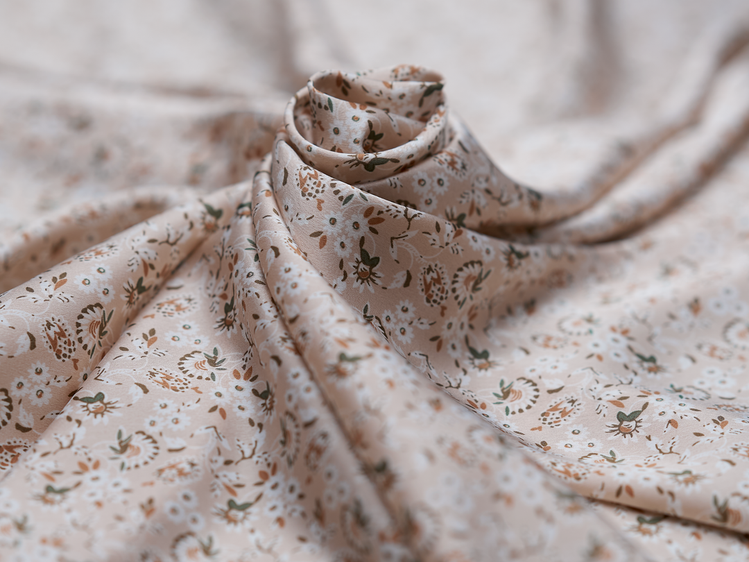 Lightweight  satin  dobby fabric by the yard - Neutral green taupe ivory dainty floral   print