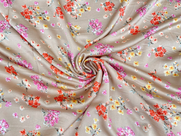 Lightweight  satin  dobby fabric by the yard - Pink orange flowers on bronze background  floral  pattern