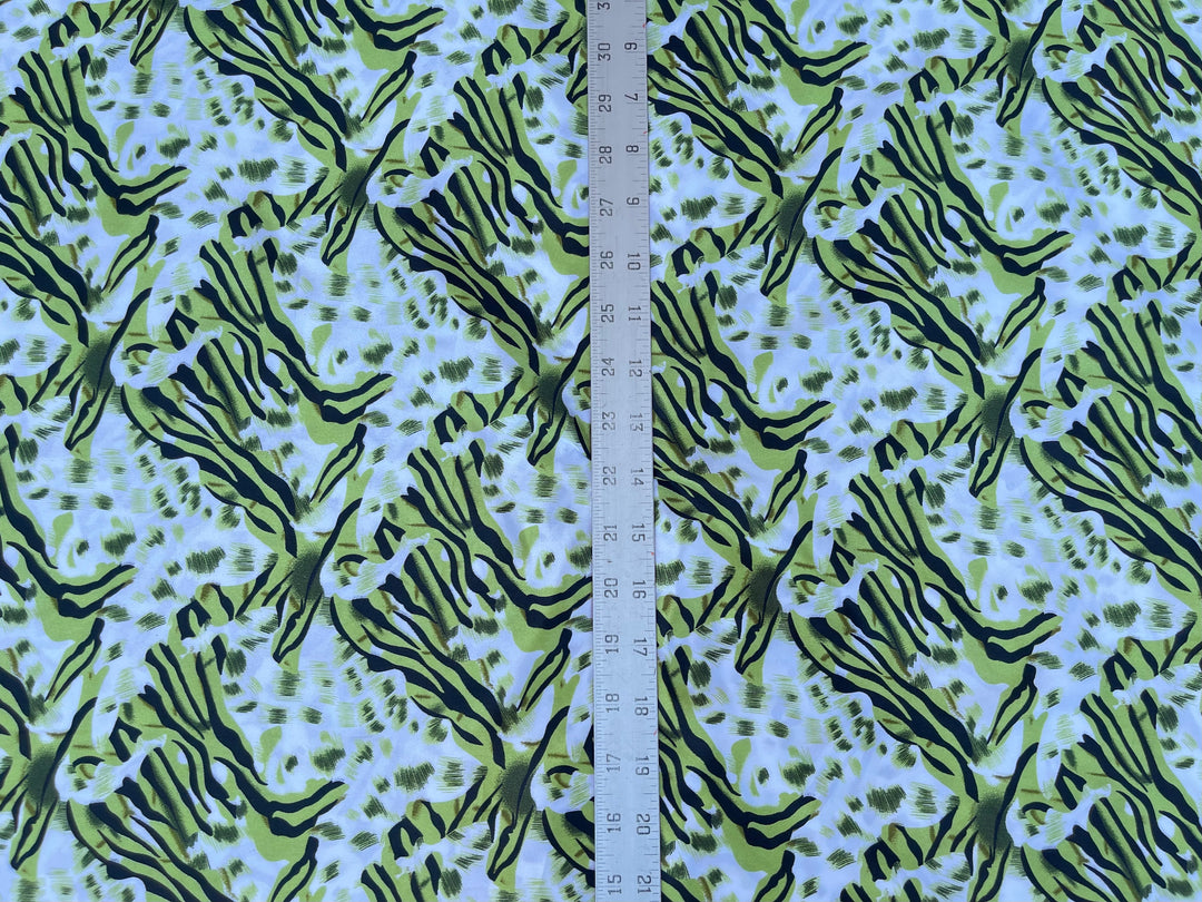 Charmeuse satin fabric by the yard - Green and off white animal print