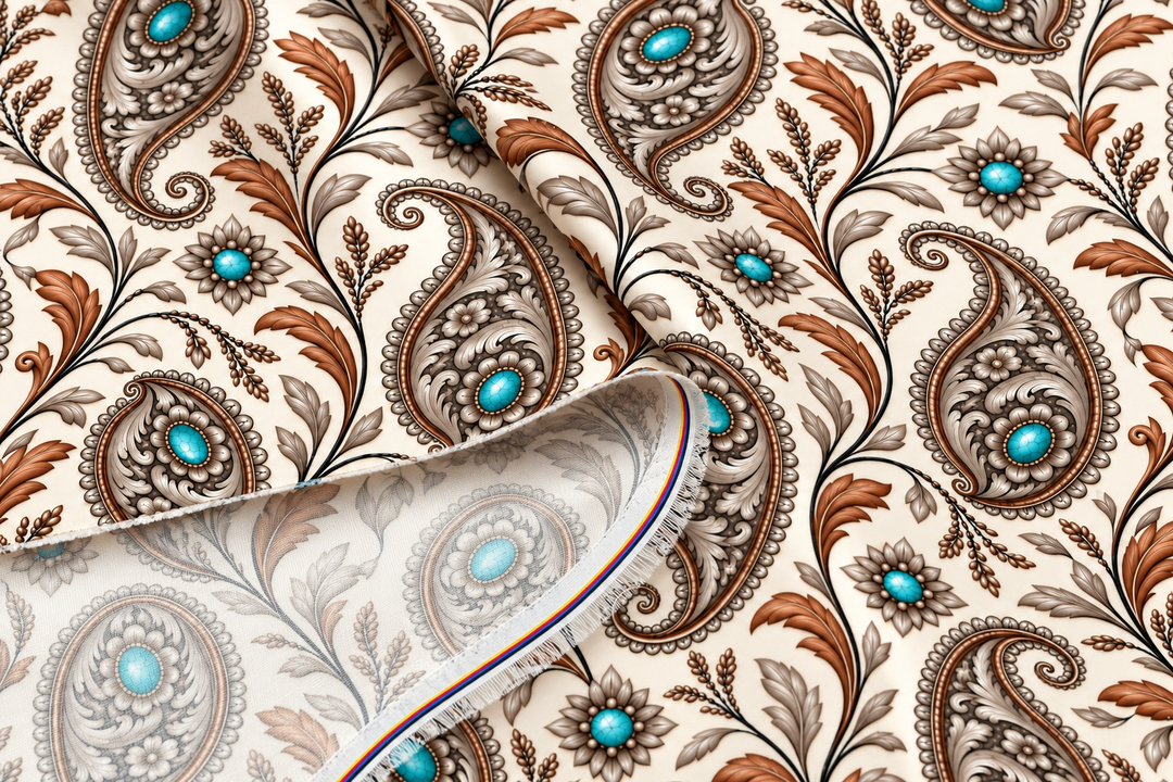 Turquoise  Paisley    - Silky Satin Charmeuse print - fabric by the yard -