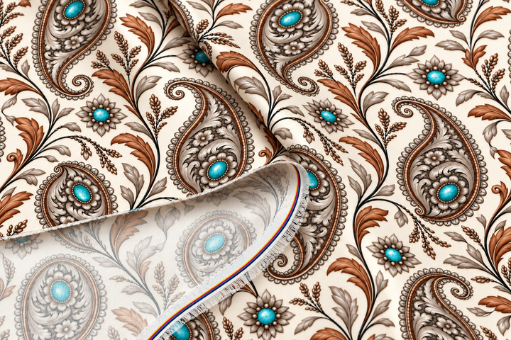 Turquoise  Paisley    - Silky Satin Charmeuse print - fabric by the yard -