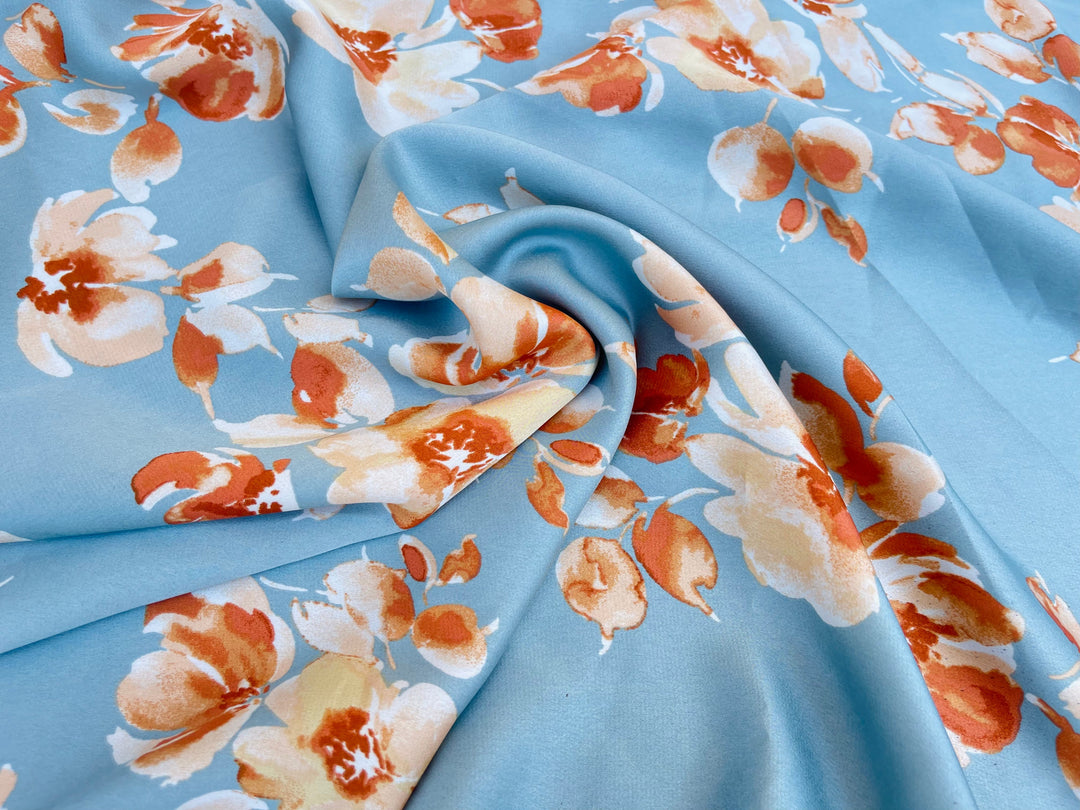 satin  dobby fabric by the yard - Dusty blue with rusty orange  floral  pattern