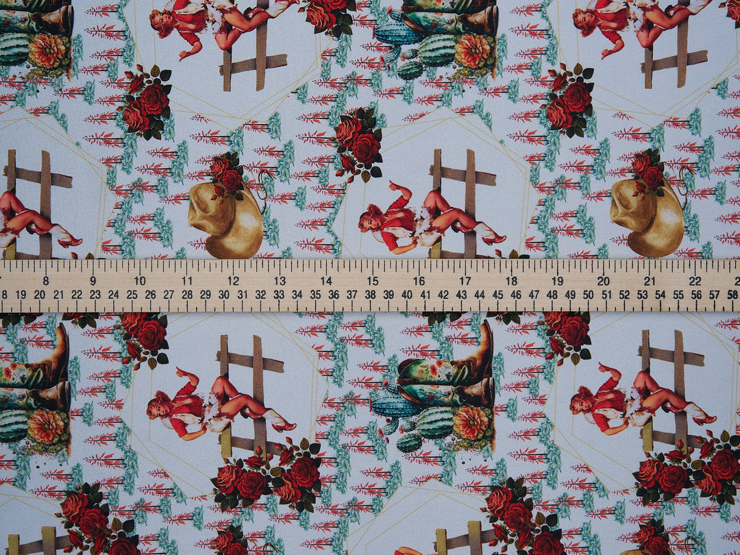 Charmeuse Satin sublimation  fabric by the yard -   Cowgirls, roses and Indian brush flowers  print