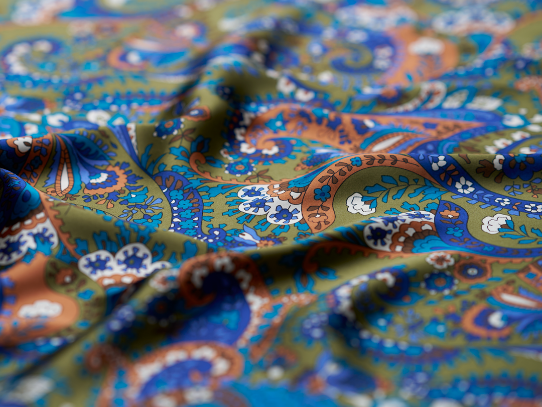 Paisley charmeuse satin fabric by the yard - Green, blue and brown tones