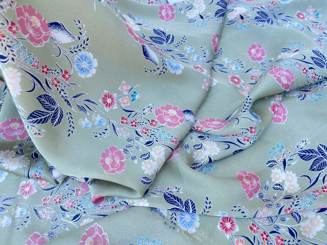 Lightweight  satin  fabric by the yard -  Sage blue and pink floral    print