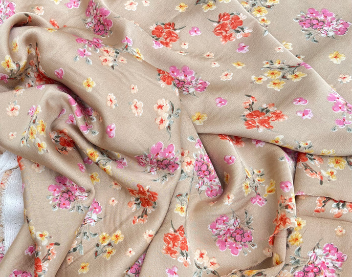 Lightweight  satin  dobby fabric by the yard - Pink orange flowers on bronze background  floral  pattern