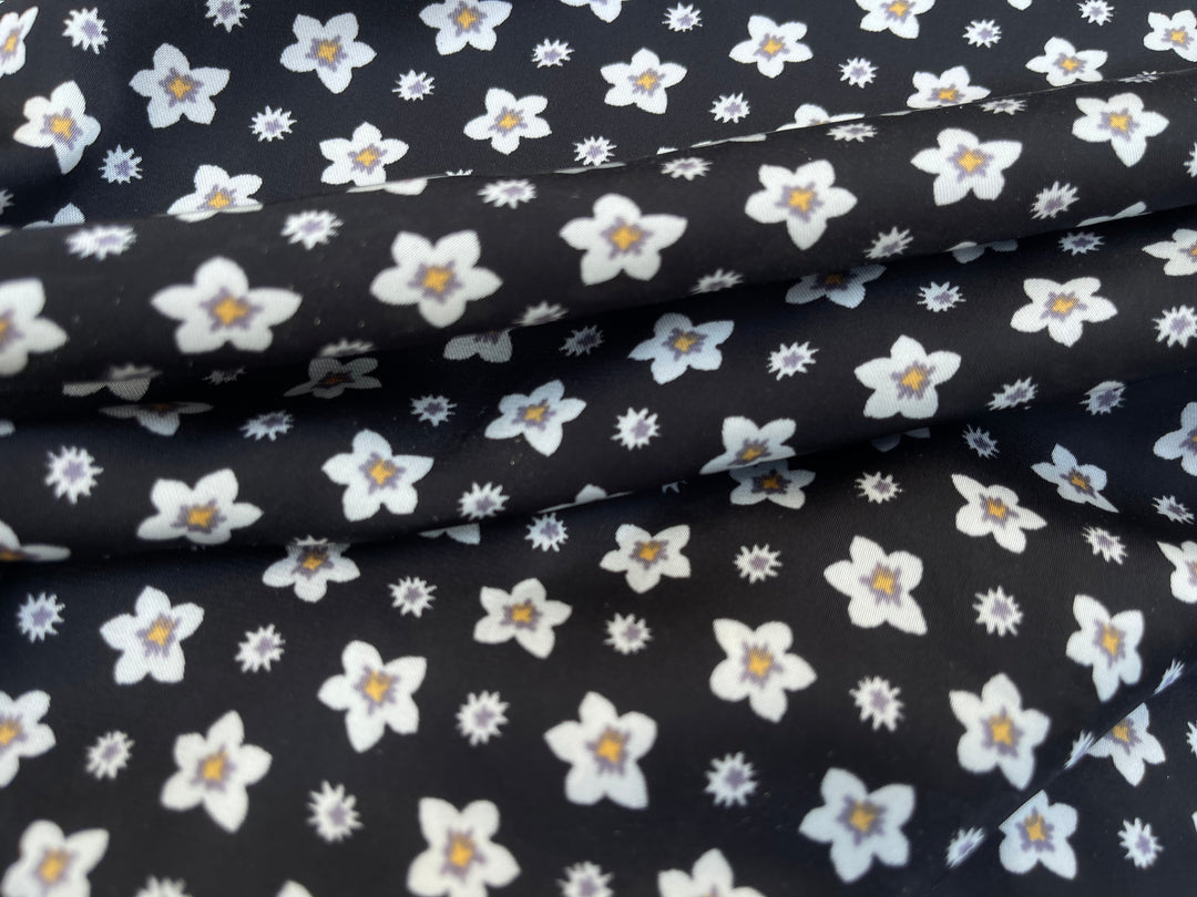 Lightweight  satin  fabric by the yard - Black white dainty    florals  print