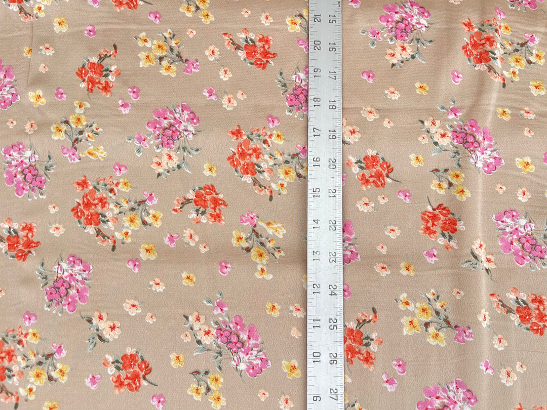 Lightweight  satin  dobby fabric by the yard - Pink orange flowers on bronze background  floral  pattern