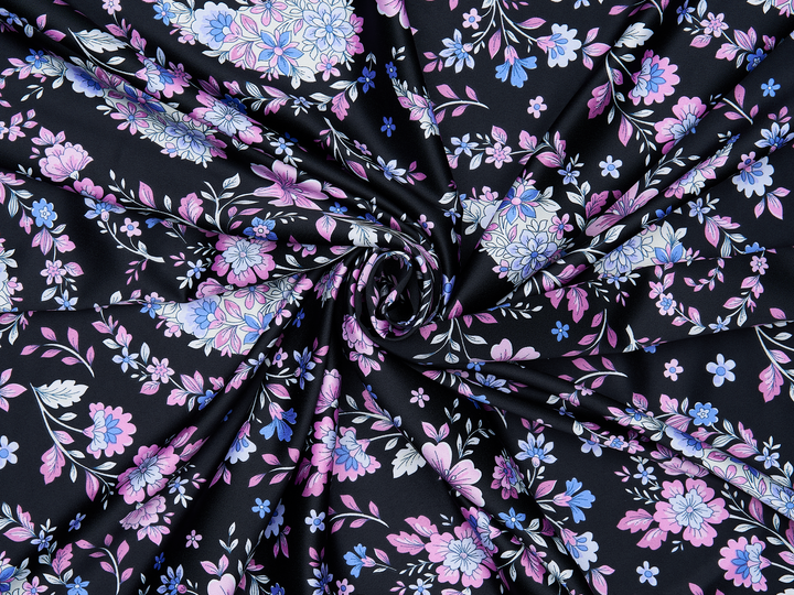 Faux silk charmeuse satin fabric by the yard - Black purple floral paisley print