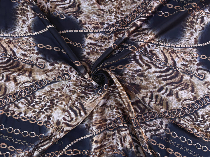 Charmeuse satin fabric by the yard  -  Brown animal and chain print