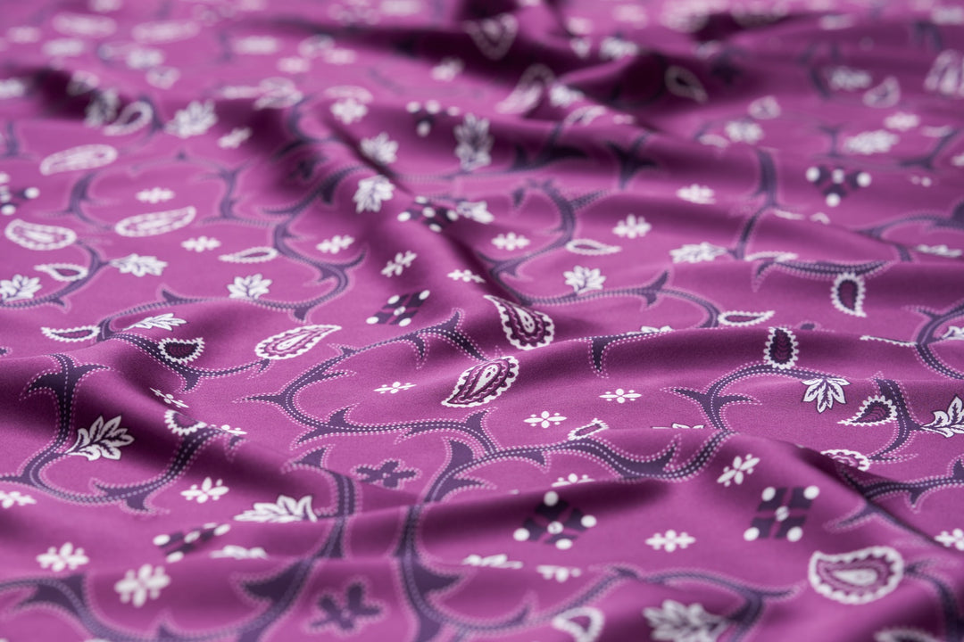 Charmeuse satin fabric by the yard - Stitching   paisley  print - USA made