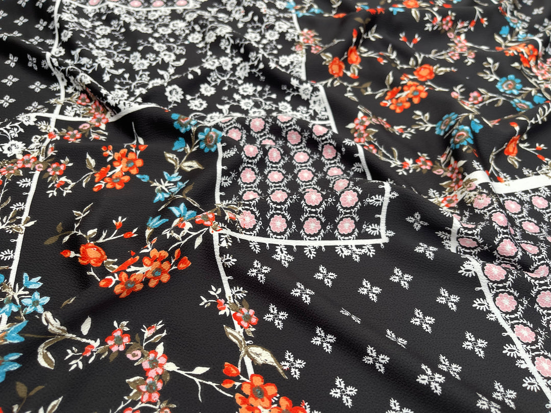 Lightweight  satin  dobby fabric by the yard - Black orange turquoise floral  pattern