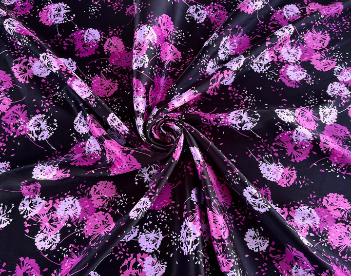 Charmeuse satin fabric   -  Black pink Dandelions nature  print