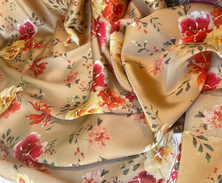 Lightweight  satin  fabric by the yard - Mocha with red and yellow  florals  pattern