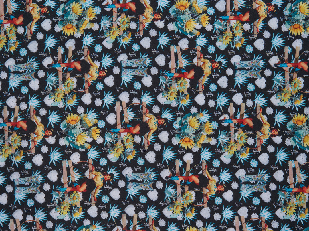 Charmeuse Satin sublimation  fabric by the yard -   Sunflowers Cactus and Cowgirls western tribal print