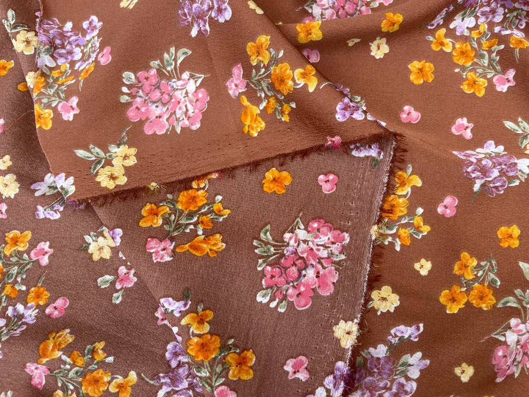 Lightweight  satin  dobby fabric by the yard - Copper  pink floral  pattern