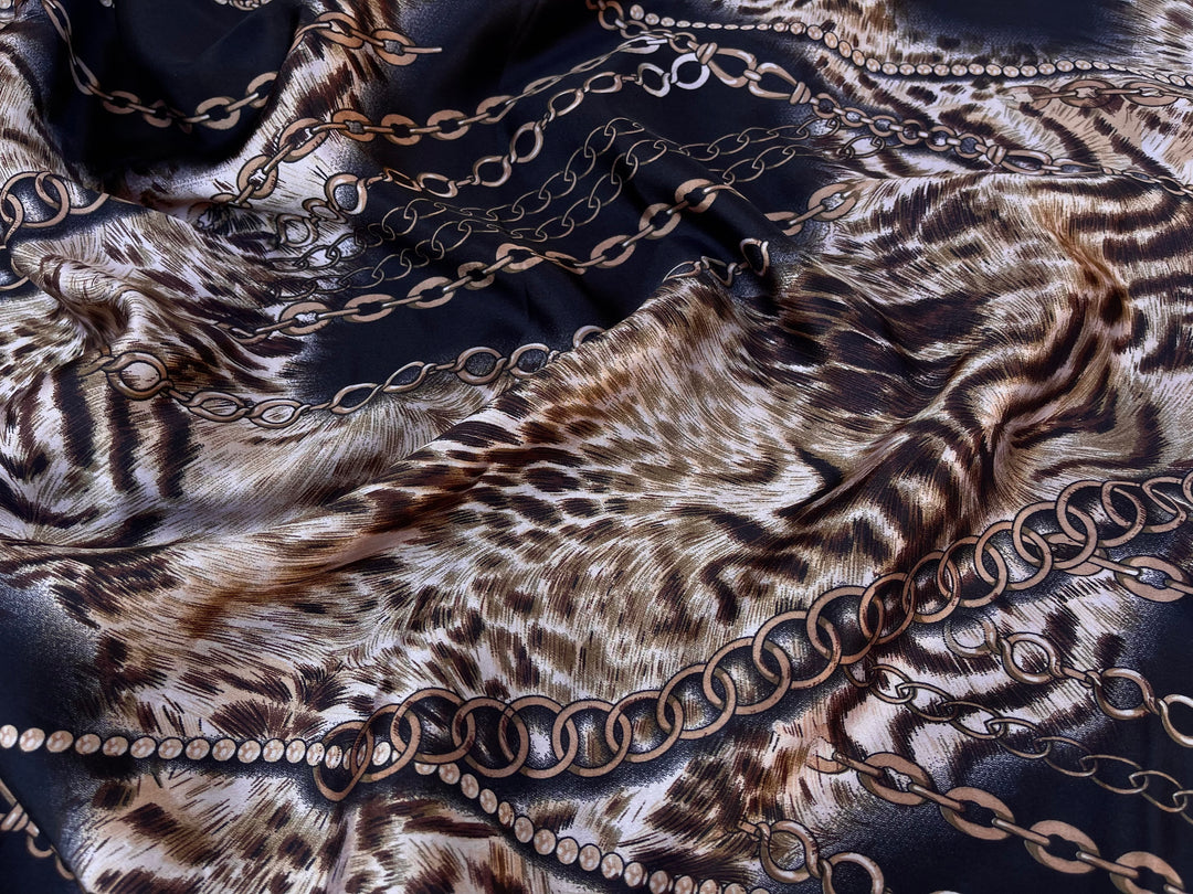 Charmeuse satin fabric by the yard  -  Brown animal and chain print