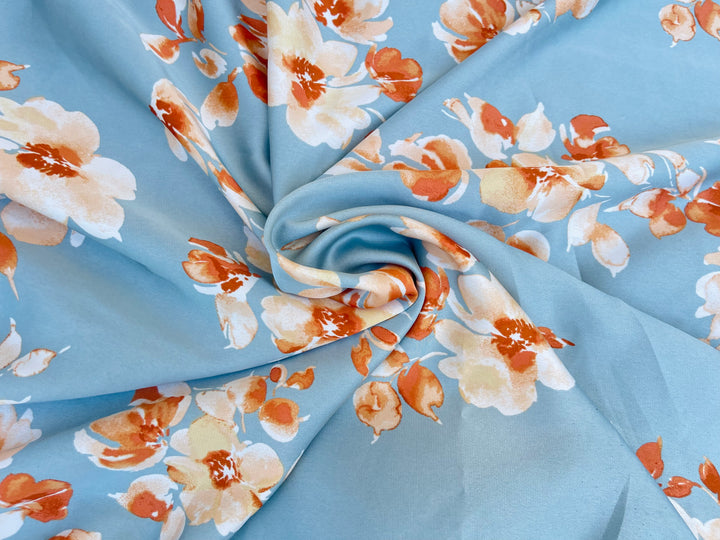 satin  dobby fabric by the yard - Dusty blue with rusty orange  floral  pattern