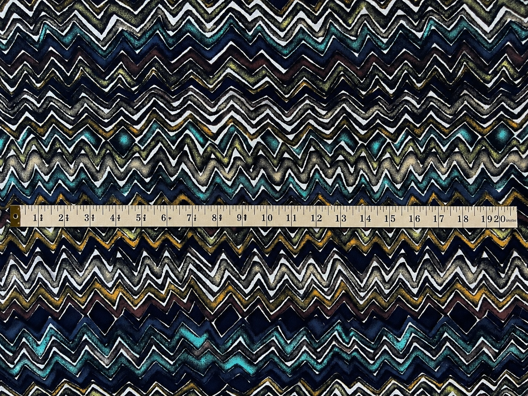 Crepe de Chine fabric by the yard -  Blue And Green Zig Zag Tribal